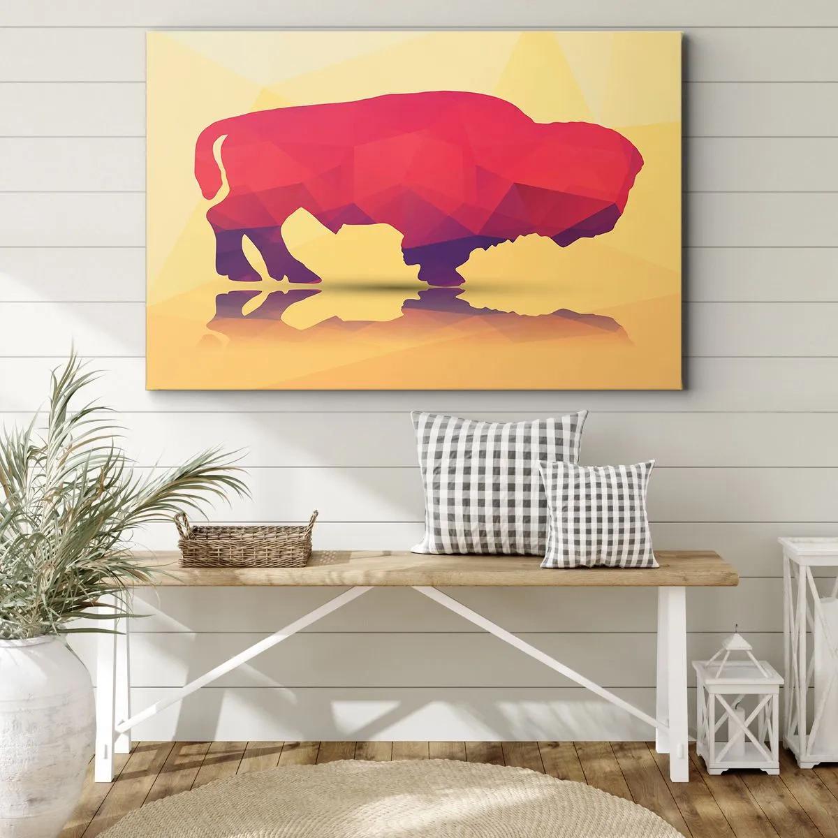 Bild auf Leinwand - Leinwandbild - Geometrische Silhouette eines Bisons in Rot- und Lilatönen - 70x50cm - Die Amaranth-Stärke des Bisons - Moderne Wanddekoration für Wohnzimmer und Schlafzimmer ARTTOR