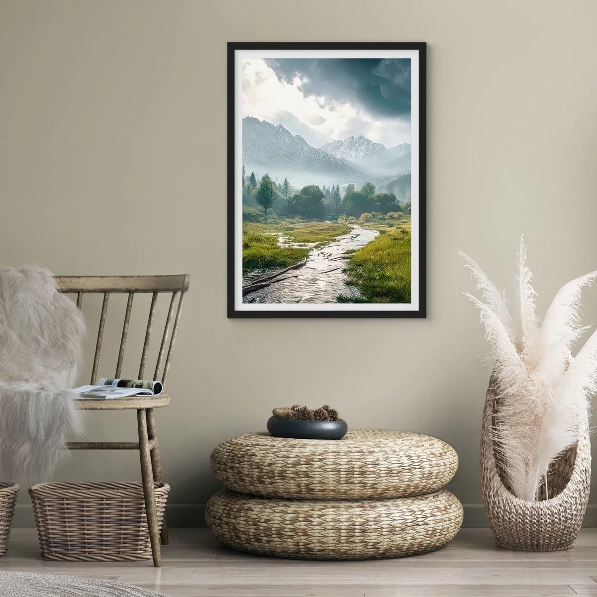 Poster in einem schwarzem Rahmen - Ein Gebirgstal mit einem Fluss und majestätischen Bergen im Hintergrund - 50x70cm - Hin und zurück - Moderne Wanddekoration für Wohnzimmer und Schlafzimmer ARTTOR