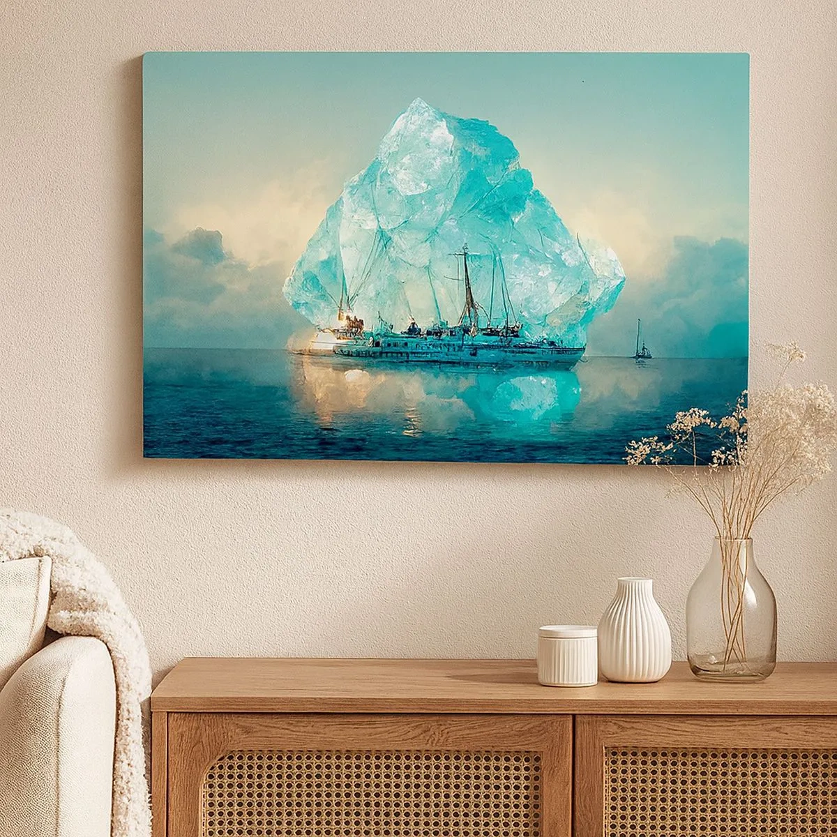 Bild auf Leinwand - Leinwandbild - Ein Schiff mit einem majestätischen Eisberg im Hintergrund - 70x50cm - Arktischer Diamant - Moderne Wanddekoration für Wohnzimmer und Schlafzimmer ARTTOR