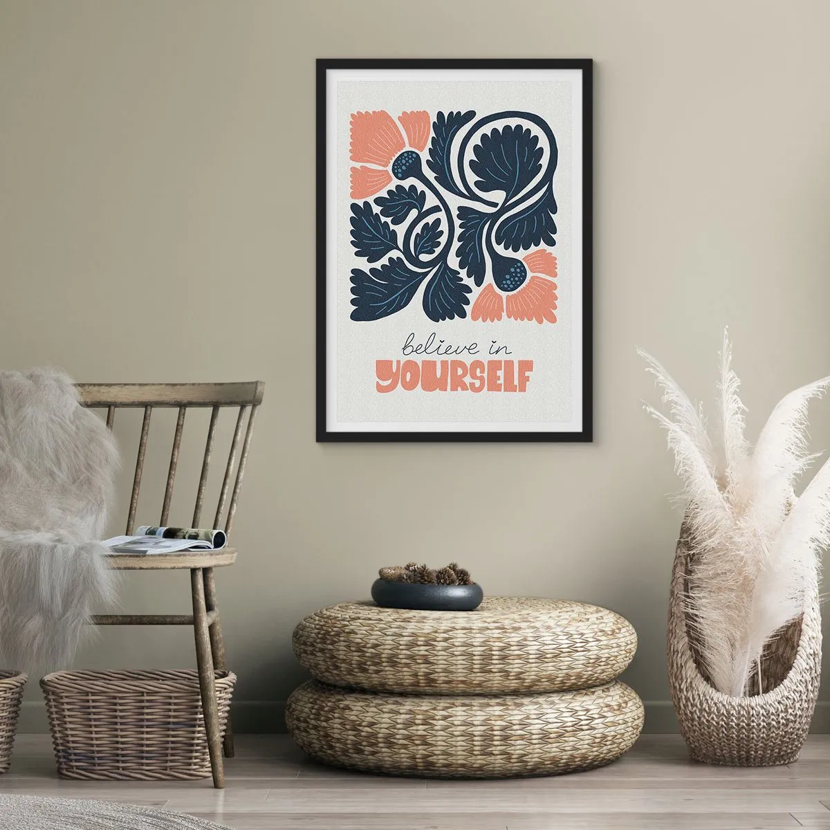 Poster in einem schwarzem Rahmen - Stilisierte Blumen in Marineblau und Pink mit einer inspirierenden Aufschrift - 50x70cm - Und du gedeihst - Moderne Wanddekoration für Wohnzimmer und Schlafzimmer ARTTOR