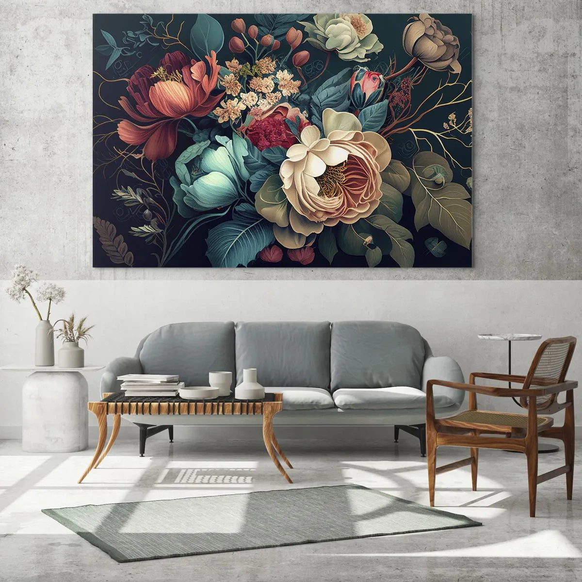 Glasbild - Bild auf glas - Vintage Blumenstrauß auf dunklem Hintergrund - 70x50cm - Charme des 19. Jahrhunderts - Moderne Wanddekoration für Wohnzimmer und Schlafzimmer ARTTOR