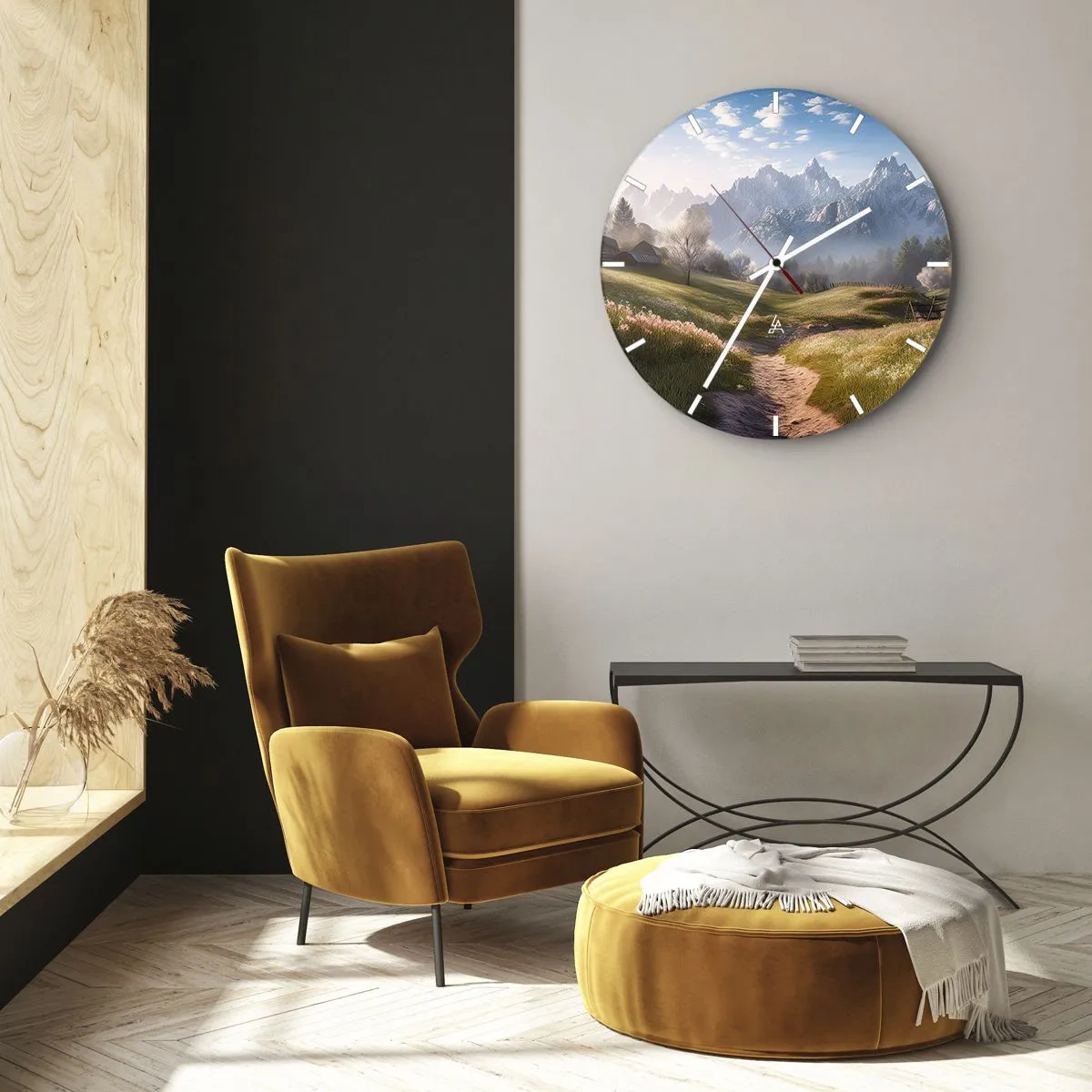 Wanduhr - Glasuhr - Eine Berglandschaft mit Tal, Weg und idyllischen Hütten - 30x30cm - Idyllisches Tal - Moderne Wanddekoration für Wohnzimmer, Küche und Schlafzimmer ARTTOR