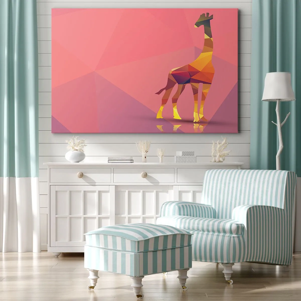 Bild auf Leinwand - Leinwandbild - Geometrische Giraffensilhouette in Pastelltönen von Rosa und Gelb - 70x50cm - In den Farben der Savanne - Moderne Wanddekoration für Wohnzimmer und Schlafzimmer ARTTOR
