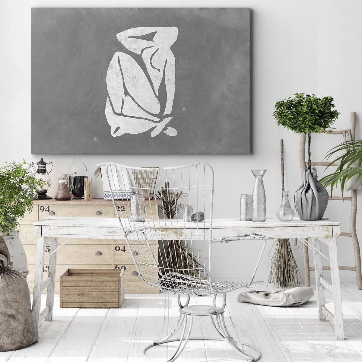 Bild auf Leinwand - Leinwandbild - Eine minimalistische Silhouettenzeichnung auf grauem Hintergrund - 70x50cm - In Gedanken versunken - Moderne Wanddekoration für Wohnzimmer und Schlafzimmer ARTTOR