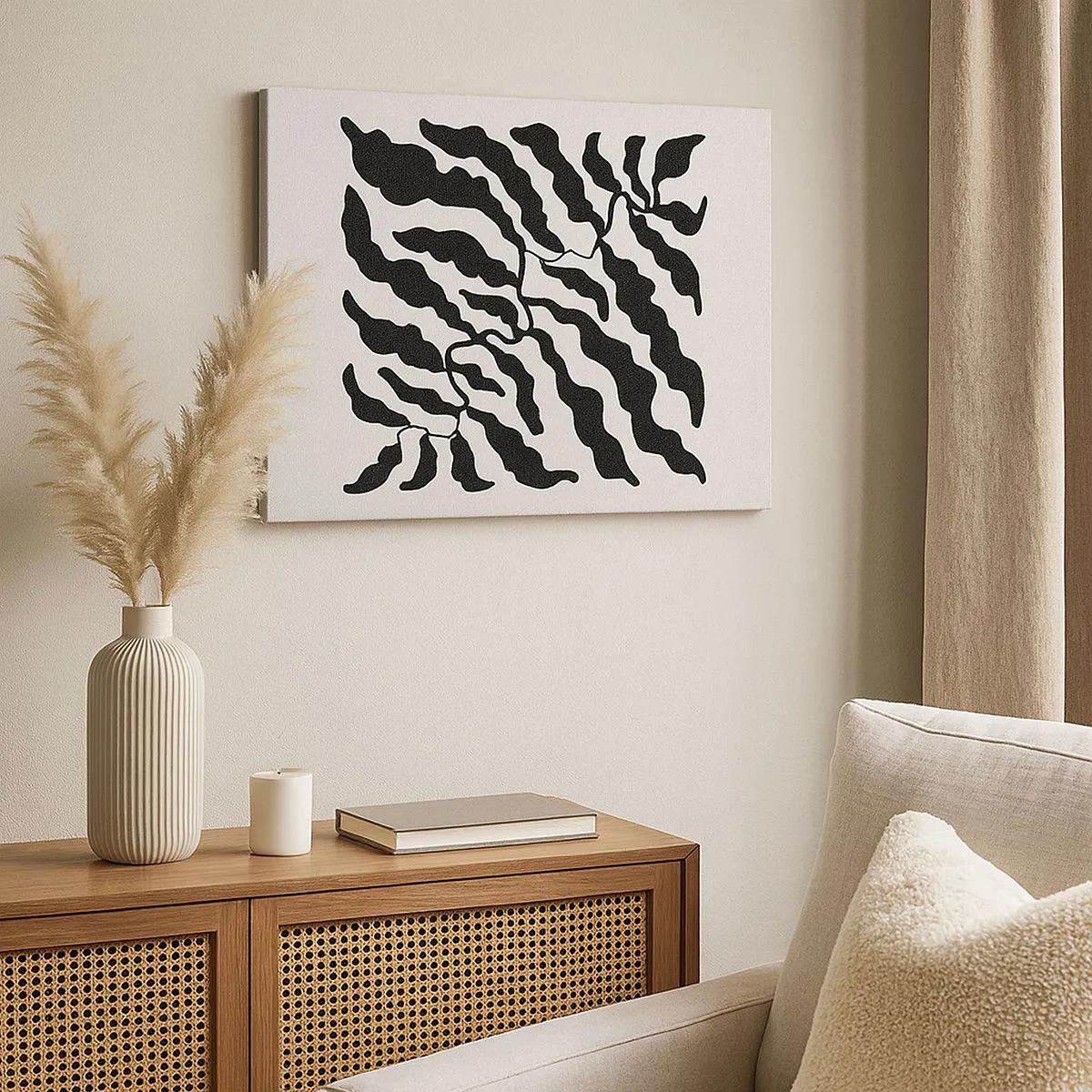 Bild auf Leinwand - Leinwandbild - Zweige mit Blättern in Schwarz auf hellem Hintergrund - 70x50cm - Natur des Quadrats - Moderne Wanddekoration für Wohnzimmer und Schlafzimmer ARTTOR