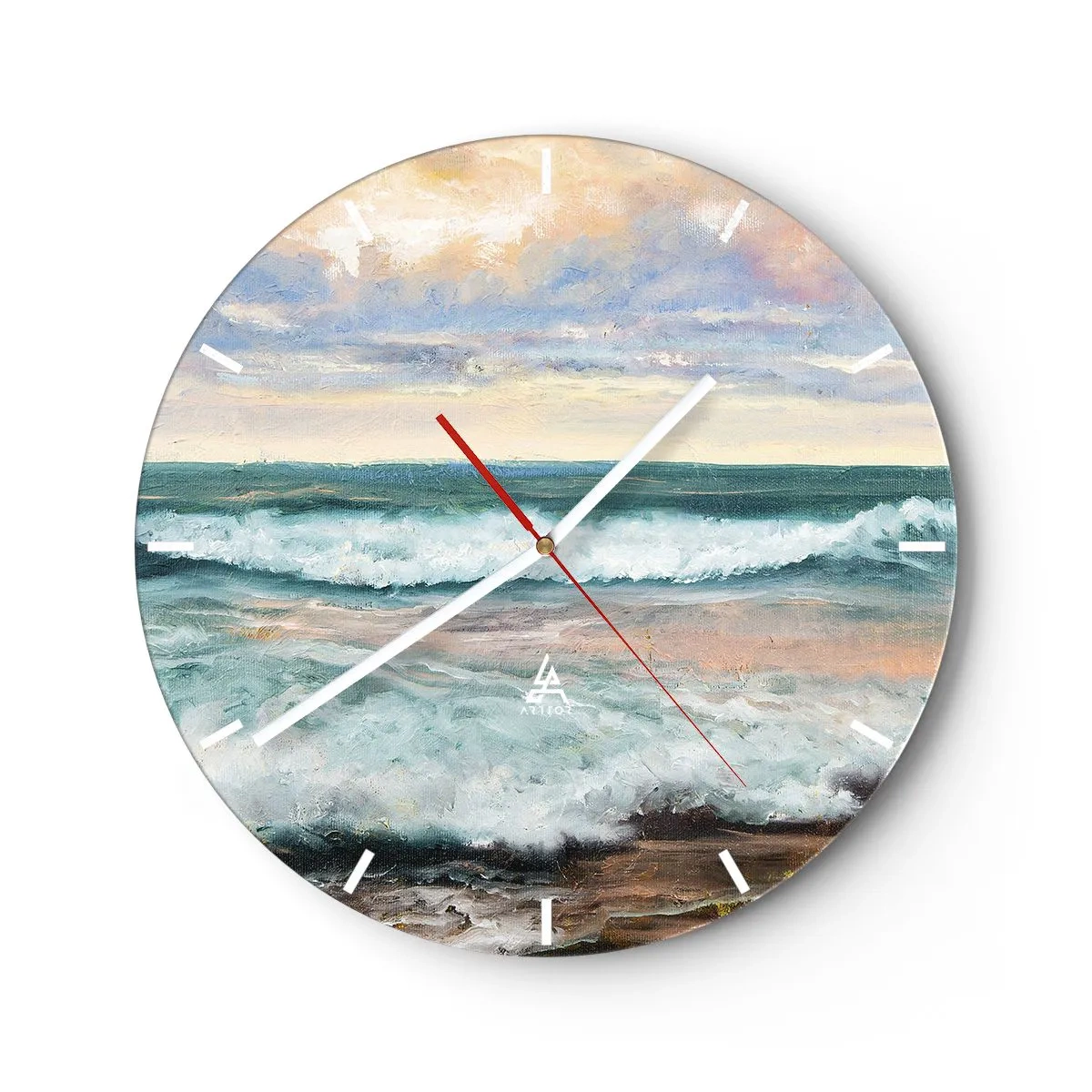 Wanduhr - Glasuhr - Meereswellen vor einem pastellfarbenen Himmel im malerischen Stil - 30x30cm - Hier werden Sie Ihre Seele baumeln lassen - Moderne Wanddekoration für Wohnzimmer, Küche und Schlafzimmer ARTTOR