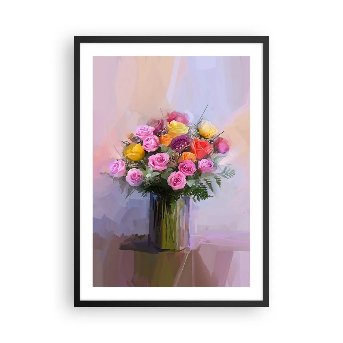 Poster in einem schwarzem Rahmen - Ein Strauß Rosen und Blumen in einer Glasvase - 50x70cm - Festgehaltene Schönheit - Moderne Wanddekoration für Wohnzimmer und Schlafzimmer ARTTOR