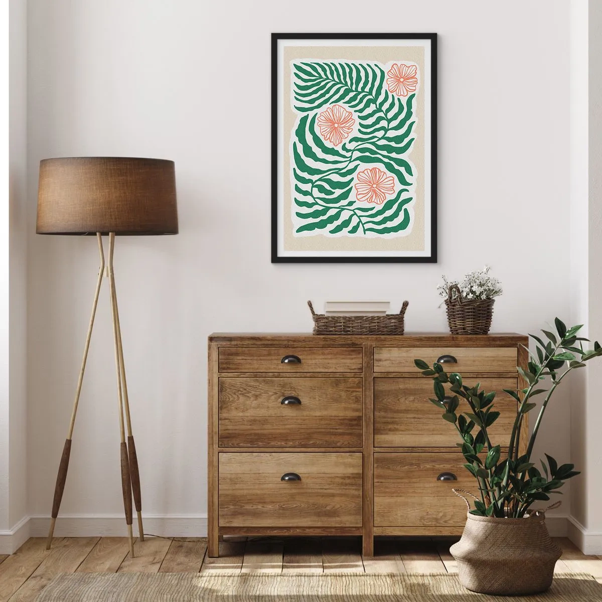 Poster in einem schwarzem Rahmen - Abstrakte Grafik aus Blättern und Blüten auf beigem Hintergrund - 50x70cm - Aufgeblüht in Grün - Moderne Wanddekoration für Wohnzimmer und Schlafzimmer ARTTOR