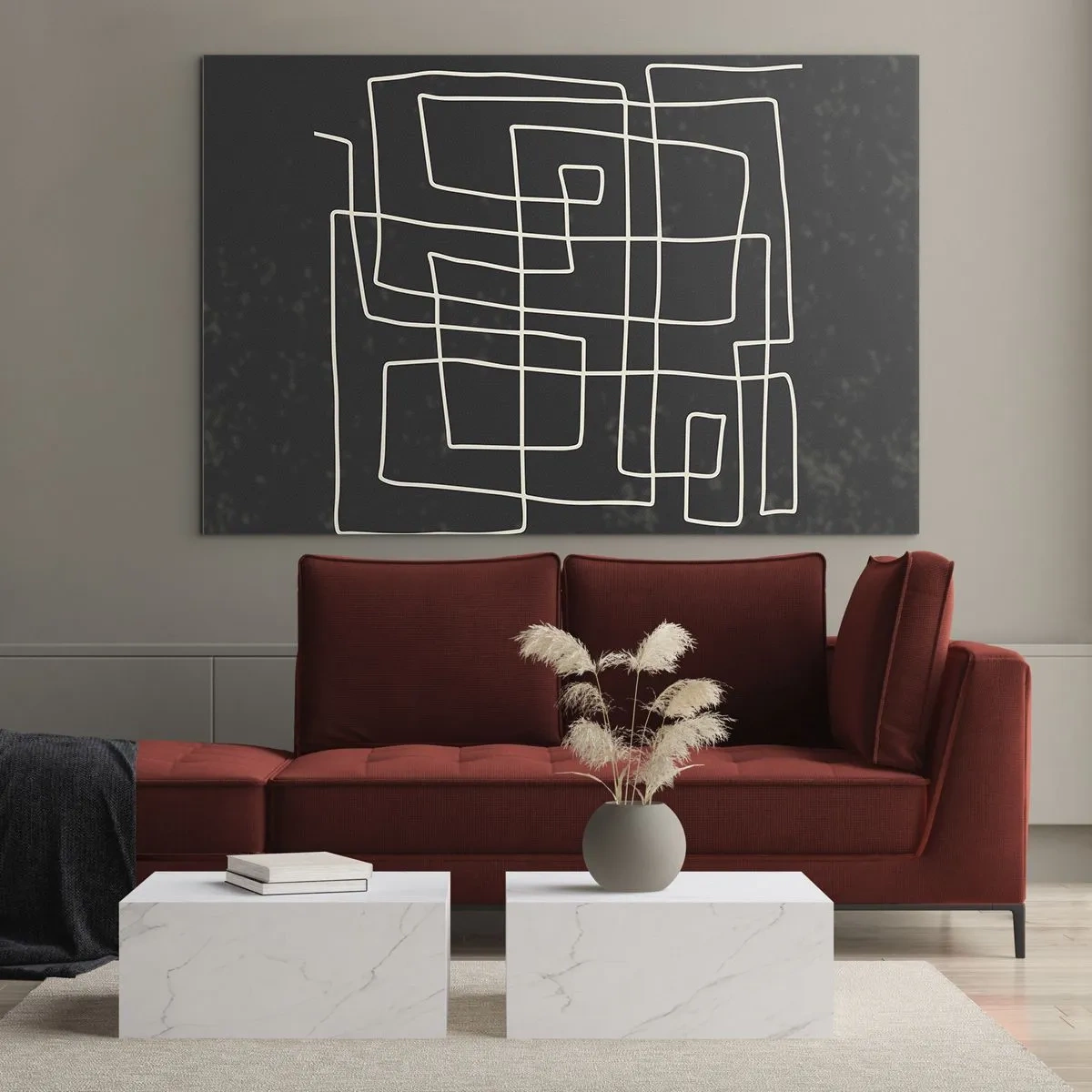 Glasbild - Bild auf glas - Geometrische Abstraktion mit weißen Linien auf schwarzem Hintergrund - 70x50cm - Nicht so einfach - Moderne Wanddekoration für Wohnzimmer und Schlafzimmer ARTTOR