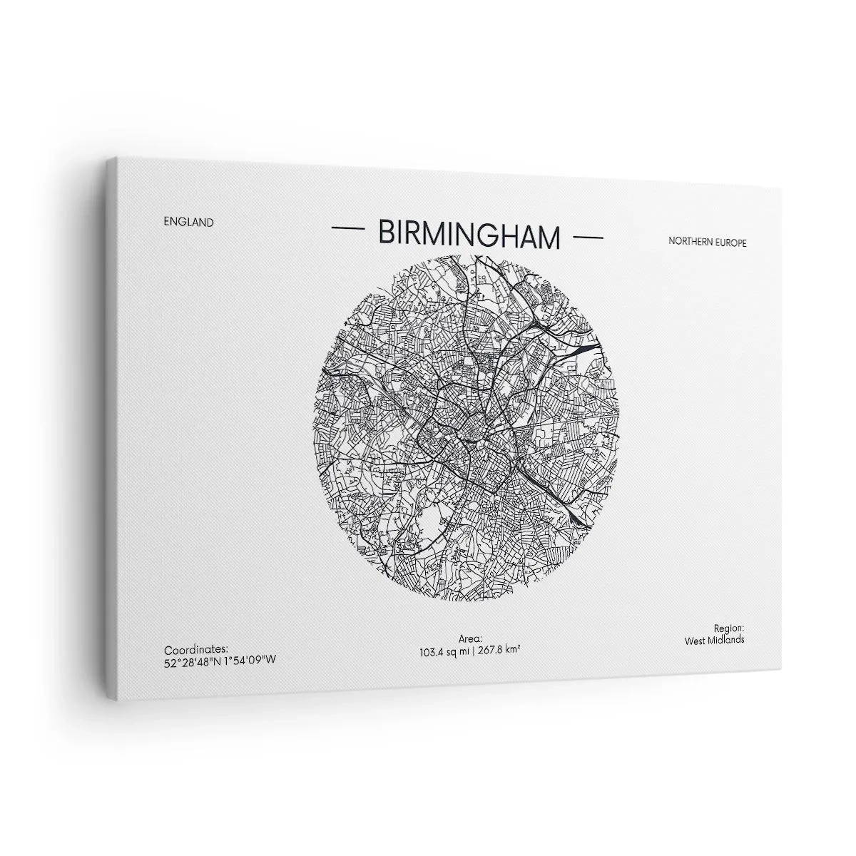 Bild auf Leinwand - Leinwandbild - Eine minimalistische Schwarzweißkarte von Birmingham mit präzisen Details. - 70x50cm - Anatomie von Birmingham - Moderne Wanddekoration für Wohnzimmer und Schlafzimmer ARTTOR