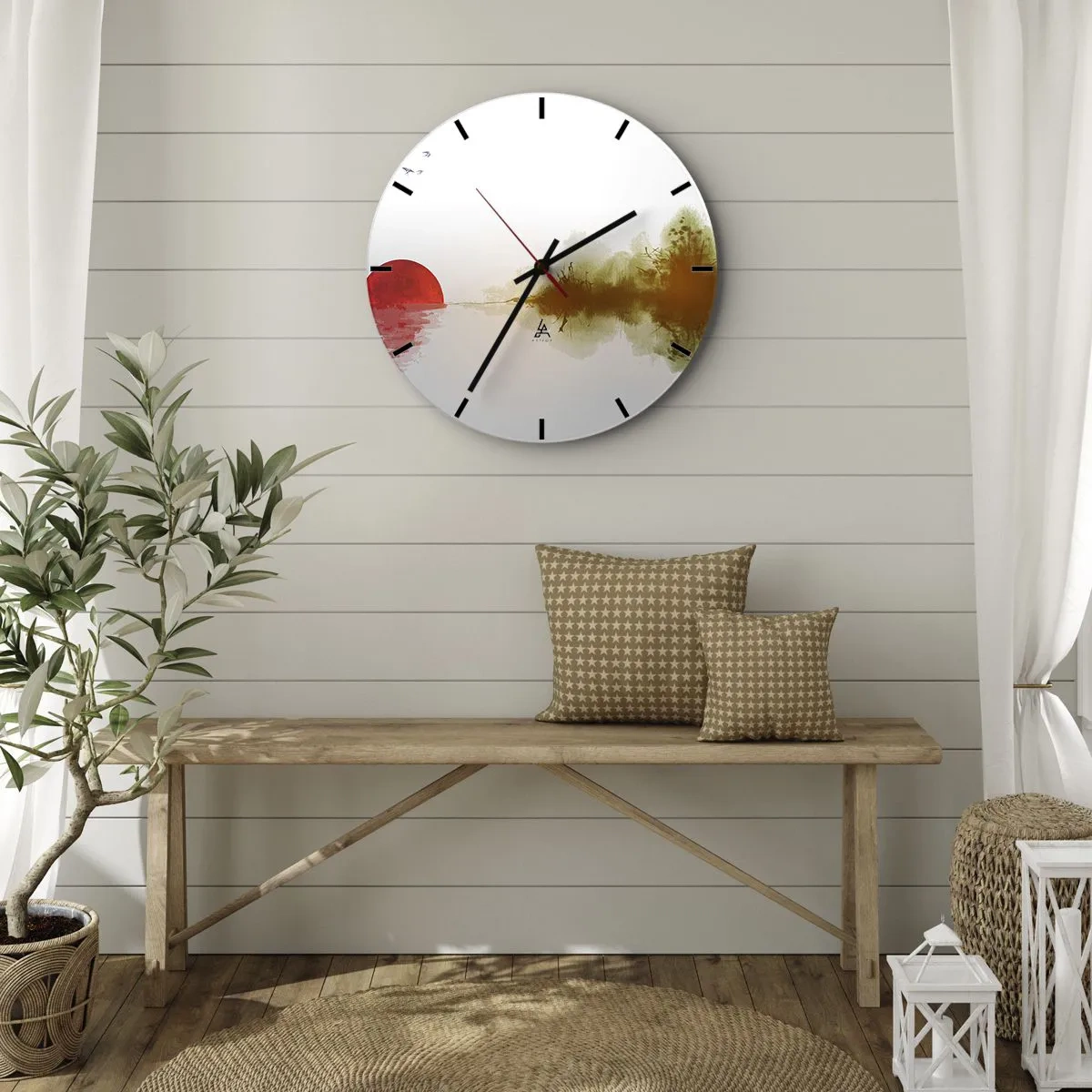 Wanduhr - Glasuhr - Eine minimalistische Landschaft mit roter Sonne und Spiegelung - 30x30cm - Versprechen der Ruhe - Moderne Wanddekoration für Wohnzimmer, Küche und Schlafzimmer ARTTOR