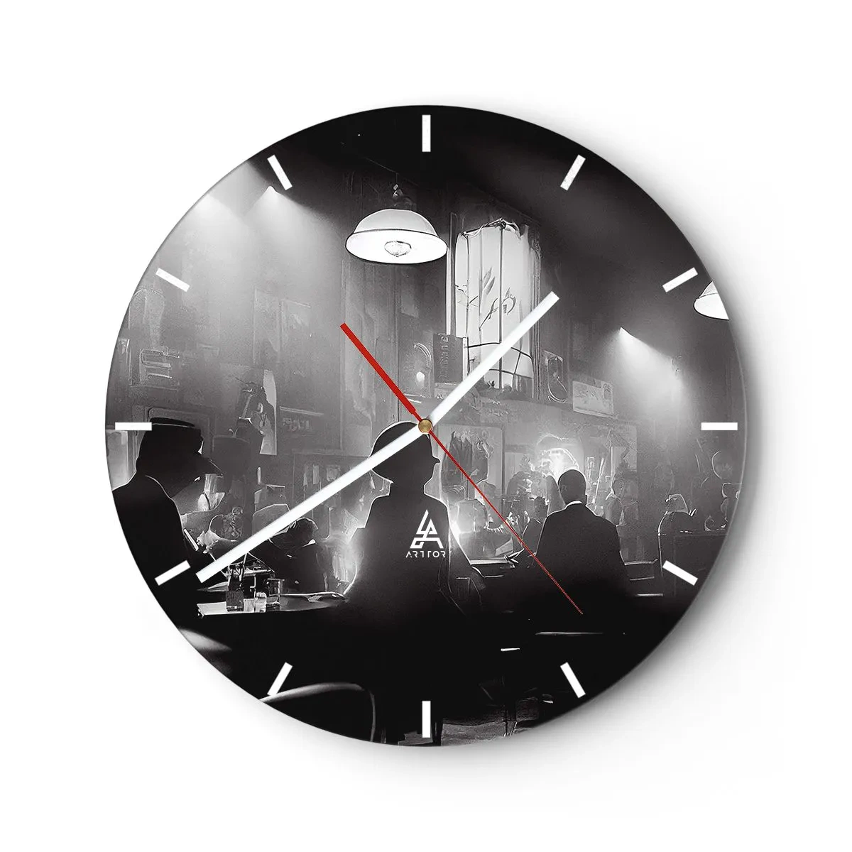 Wanduhr - Glasuhr - Schwarz-Weiß-Szene aus einem Jazzclub mit Silhouetten von Gästen - 30x30cm - In Jazz-Atmosphäre - Moderne Wanddekoration für Wohnzimmer, Küche und Schlafzimmer ARTTOR
