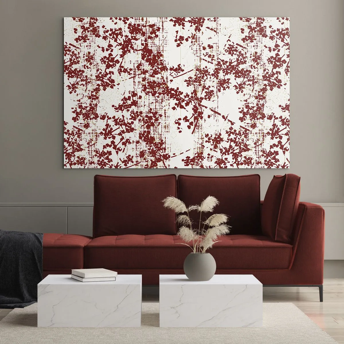 Glasbild - Bild auf glas - Ein Blumenmuster in Rot auf einem hellen, verwitterten Hintergrund - 70x50cm - Wie alter Perkal - Moderne Wanddekoration für Wohnzimmer und Schlafzimmer ARTTOR