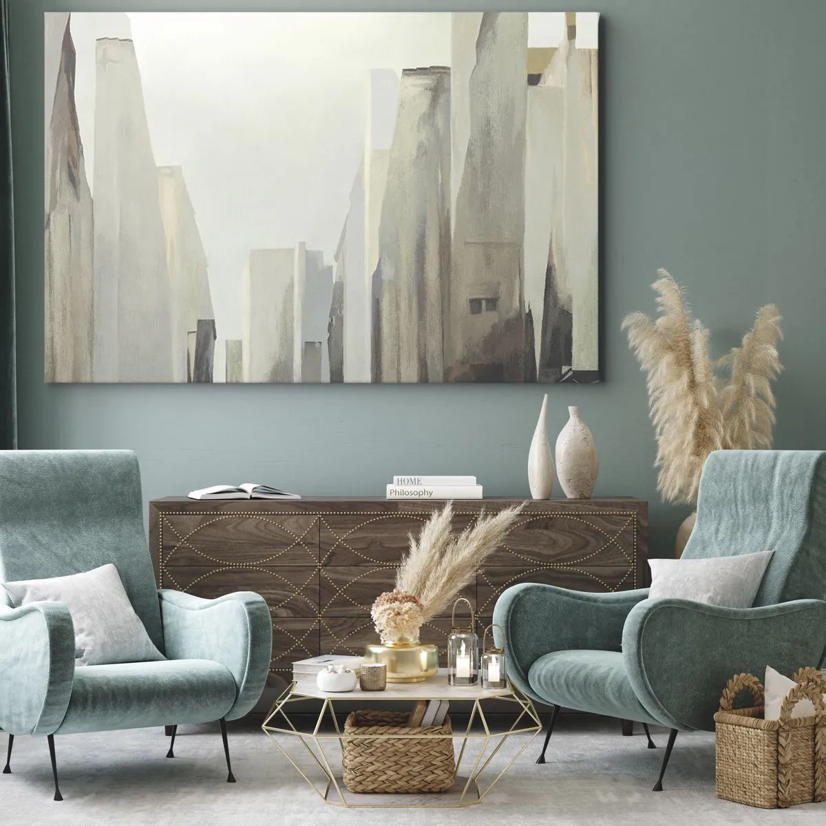 Bild auf Leinwand - Leinwandbild - Abstraktes Stadtbild in Pastelltönen - 70x50cm - Traum von der Stadt - Moderne Wanddekoration für Wohnzimmer und Schlafzimmer ARTTOR