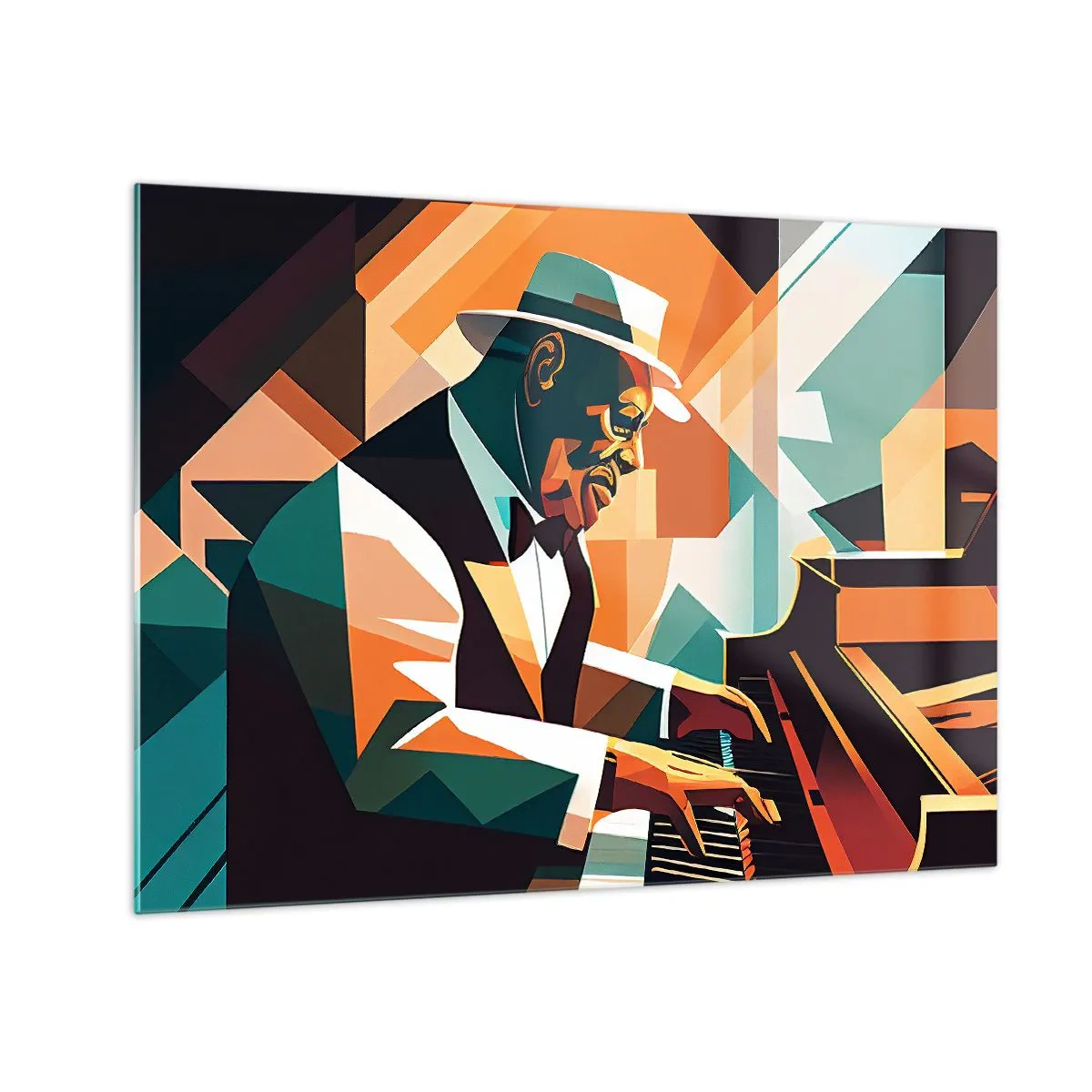 Glasbild - Bild auf glas - Ein farbenfrohes Porträt eines Jazz-Pianisten - 70x50cm - Alles vom Jazz - Moderne Wanddekoration für Wohnzimmer und Schlafzimmer ARTTOR