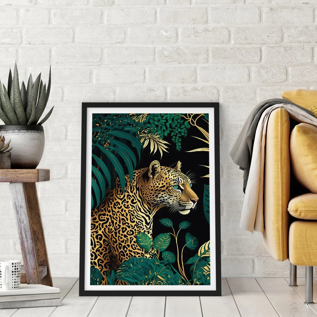 Poster in einem schwarzem Rahmen - Goldener Leopard im tropischen Dschungel - 50x70cm - Gastgeber im Dschungel - Moderne Wanddekoration für Wohnzimmer und Schlafzimmer ARTTOR