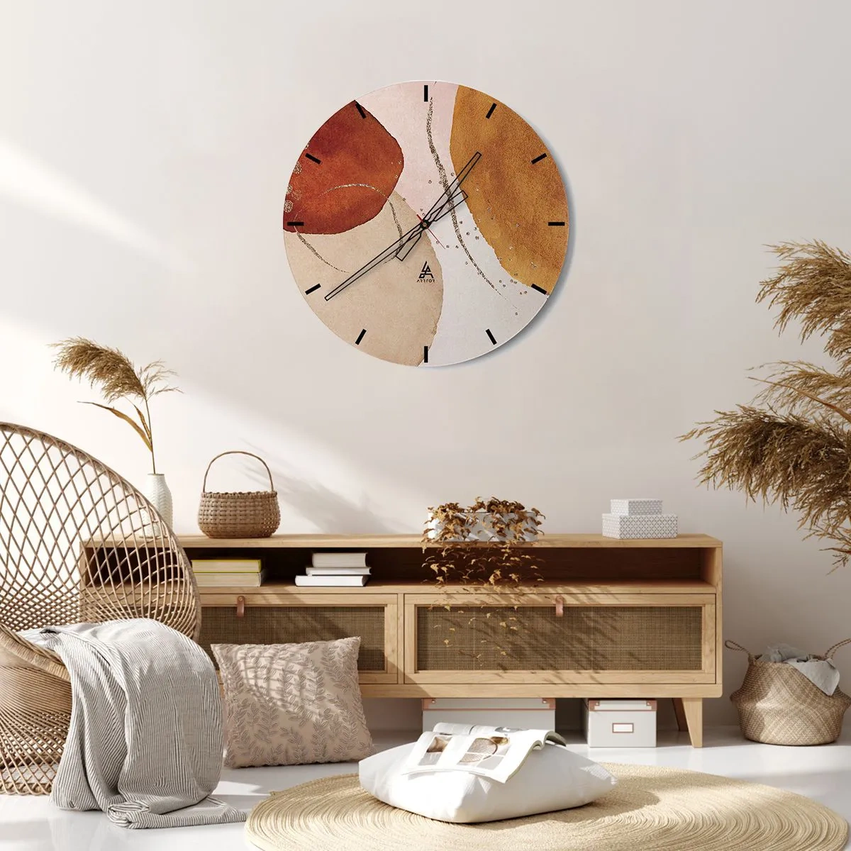 Wanduhr - Glasuhr - Abstrakte Komposition mit erdigen Farbflecken - 30x30cm - Rundheit und Bewegung - Moderne Wanddekoration für Wohnzimmer, Küche und Schlafzimmer ARTTOR