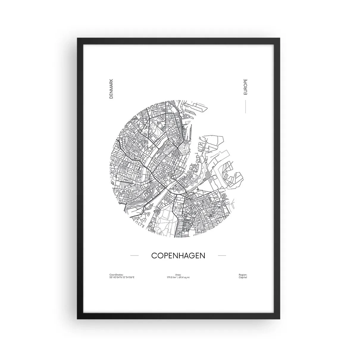 Poster in einem schwarzem Rahmen - Eine minimalistische Karte von Kopenhagen in Schwarzweiß. - 50x70cm - Anatomie von Kopenhagen - Moderne Wanddekoration für Wohnzimmer und Schlafzimmer ARTTOR