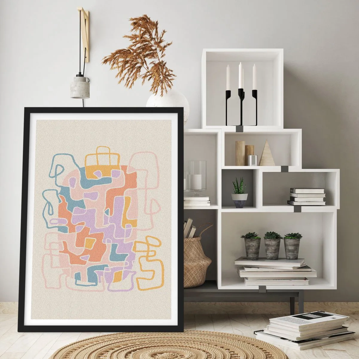 Poster in einem schwarzem Rahmen - Bunte Abstraktion mit unregelmäßigen Linien auf hellem Hintergrund - 50x70cm - Labyrinth – ein freudiges Abenteuer - Moderne Wanddekoration für Wohnzimmer und Schlafzimmer ARTTOR