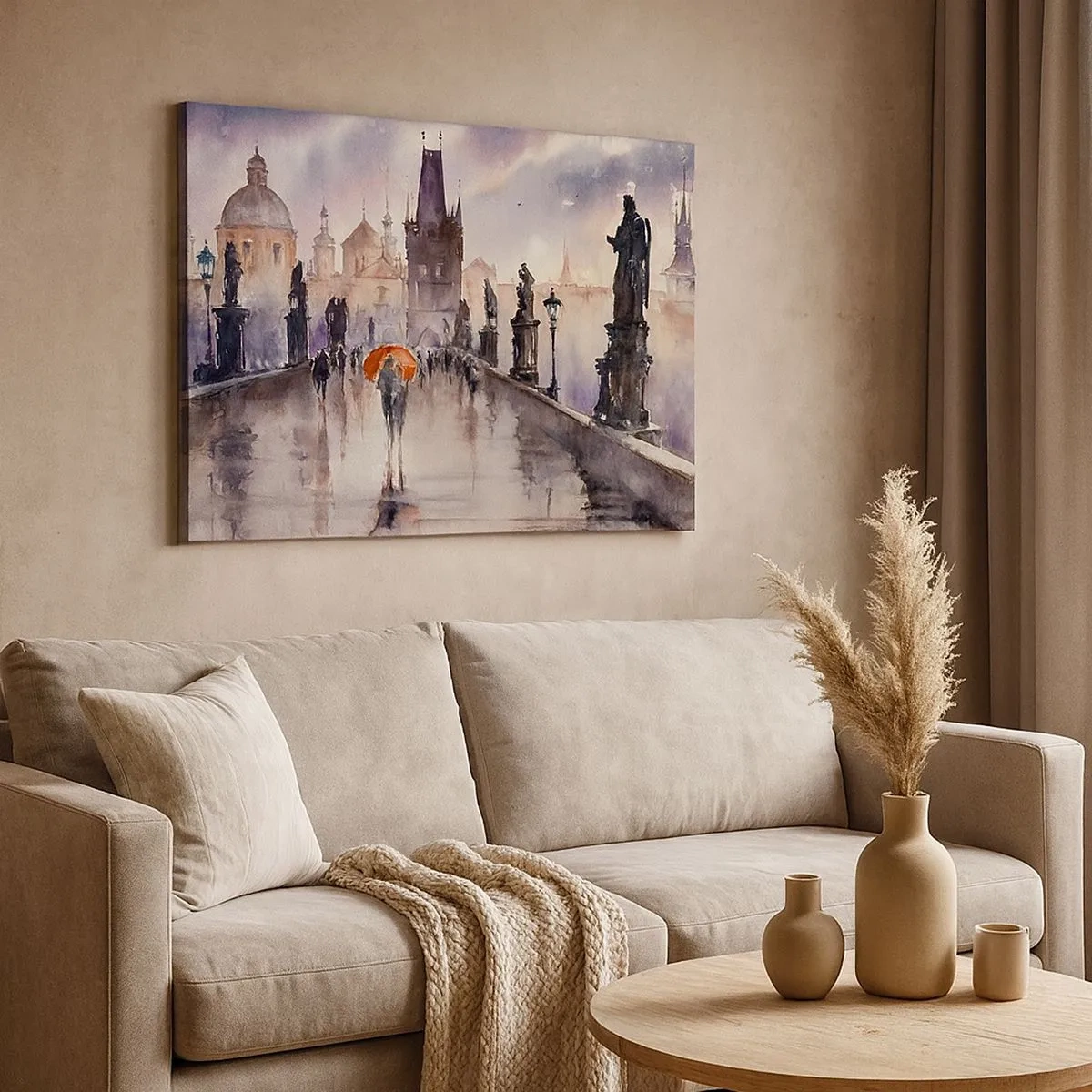 Bild auf Leinwand - Leinwandbild - Romantischer Blick auf eine Brücke mit einem Regenschirm vor der Kulisse einer abendlichen Stadt - 70x50cm - Leute verändern sich nicht - Moderne Wanddekoration für Wohnzimmer und Schlafzimmer ARTTOR
