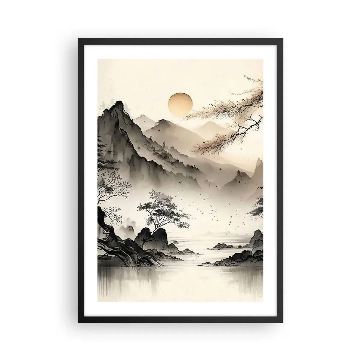 Poster in einem schwarzem Rahmen - Eine minimalistische Berglandschaft im japanischen Stil - 50x70cm - Einzigartiger Charme des Orients - Moderne Wanddekoration für Wohnzimmer und Schlafzimmer ARTTOR