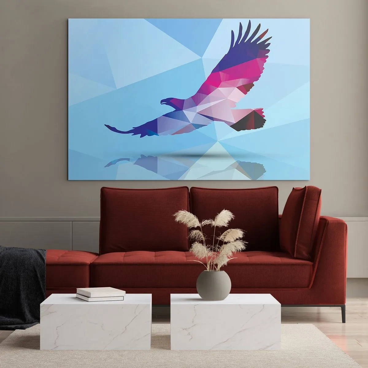Glasbild - Bild auf glas - Geometrischer Adler auf blauem Hintergrund - 70x50cm - Adler in lila Kristall - Moderne Wanddekoration für Wohnzimmer und Schlafzimmer ARTTOR