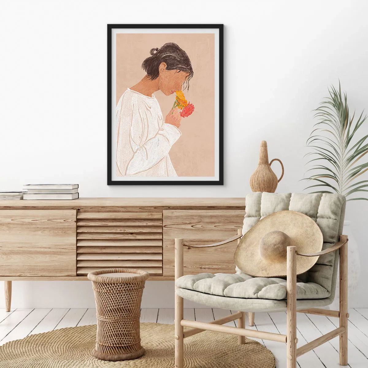 Poster in einem schwarzem Rahmen - Eine Frau in Weiß, die über Blumen nachdenkt - 50x70cm - Mädchen und Blumen - Moderne Wanddekoration für Wohnzimmer und Schlafzimmer ARTTOR