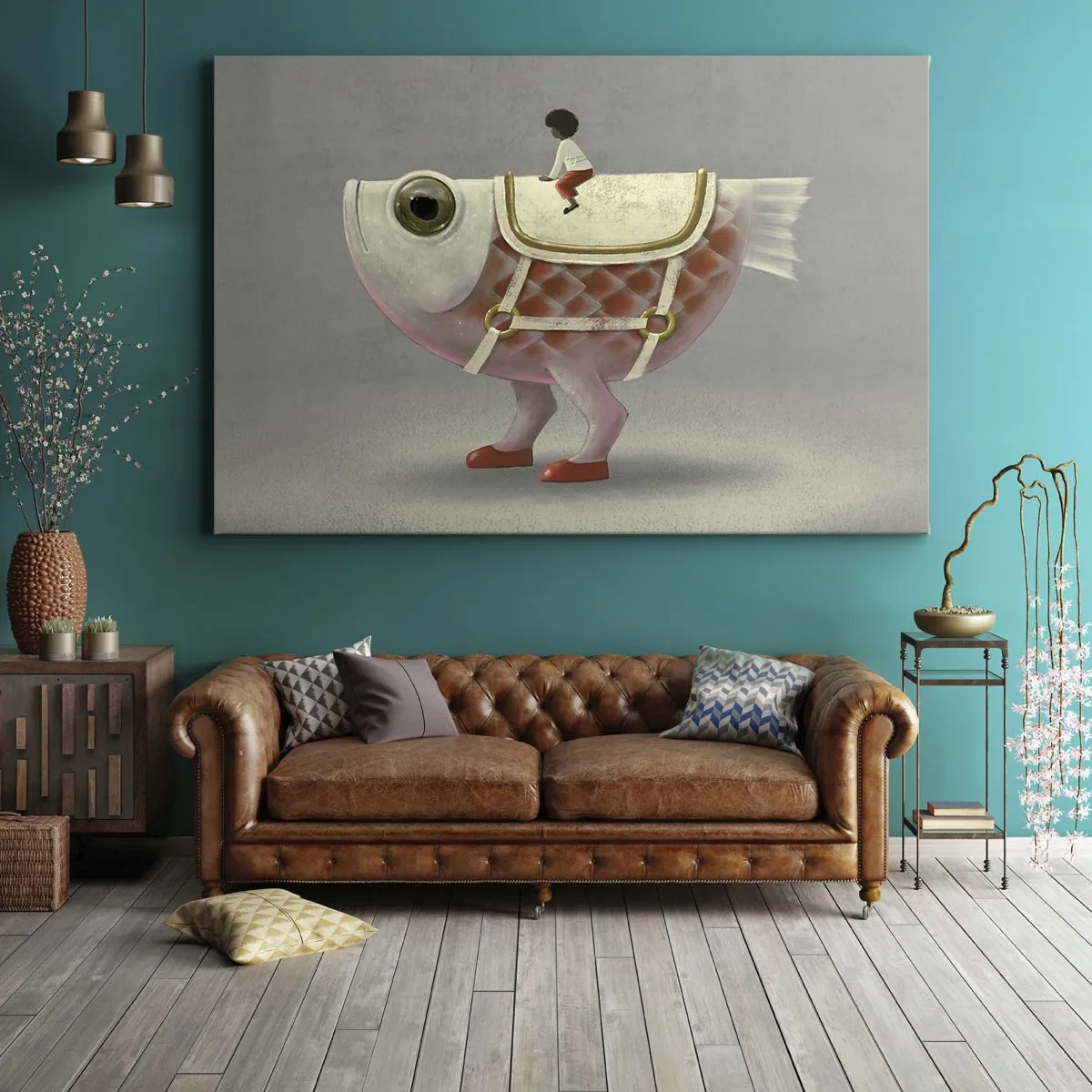 Bild auf Leinwand - Leinwandbild - Ein schicker Fischreiter mit Beinen und Sattel - 70x50cm - Reiter auf einem surrealen Fisch - Moderne Wanddekoration für Wohnzimmer und Schlafzimmer ARTTOR