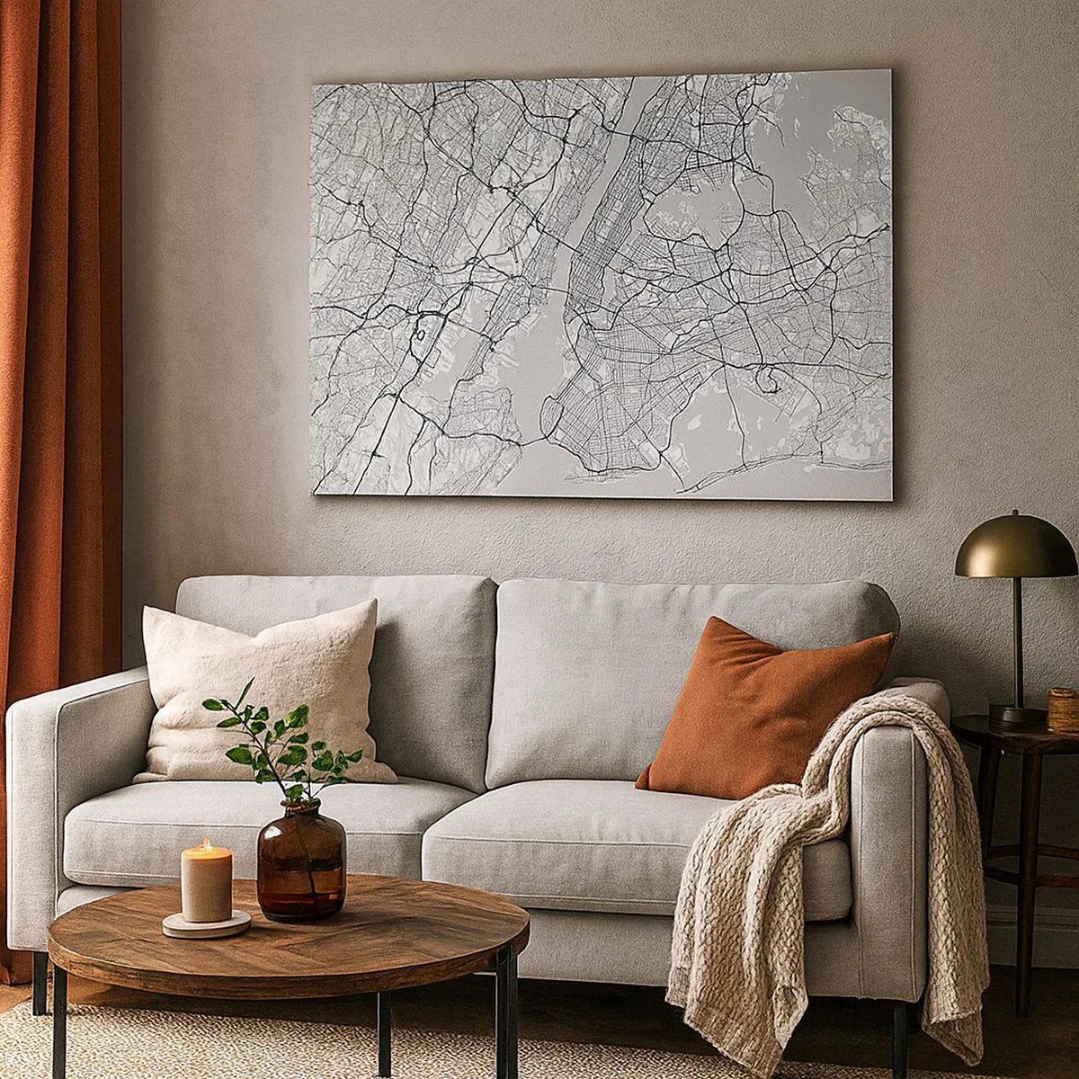 Bild auf Leinwand - Leinwandbild - Ein Stadtplan im minimalistischen Stil auf grauem Hintergrund - 70x50cm - Die Anatomie einer Metropole - Moderne Wanddekoration für Wohnzimmer und Schlafzimmer ARTTOR