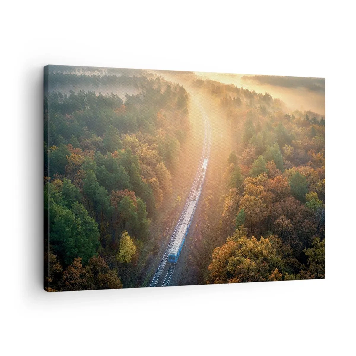 Bild auf Leinwand - Leinwandbild - Ein Zug in einem herbstlichen Wald im Morgengrauen - 70x50cm - Herbstreise - Moderne Wanddekoration für Wohnzimmer und Schlafzimmer ARTTOR