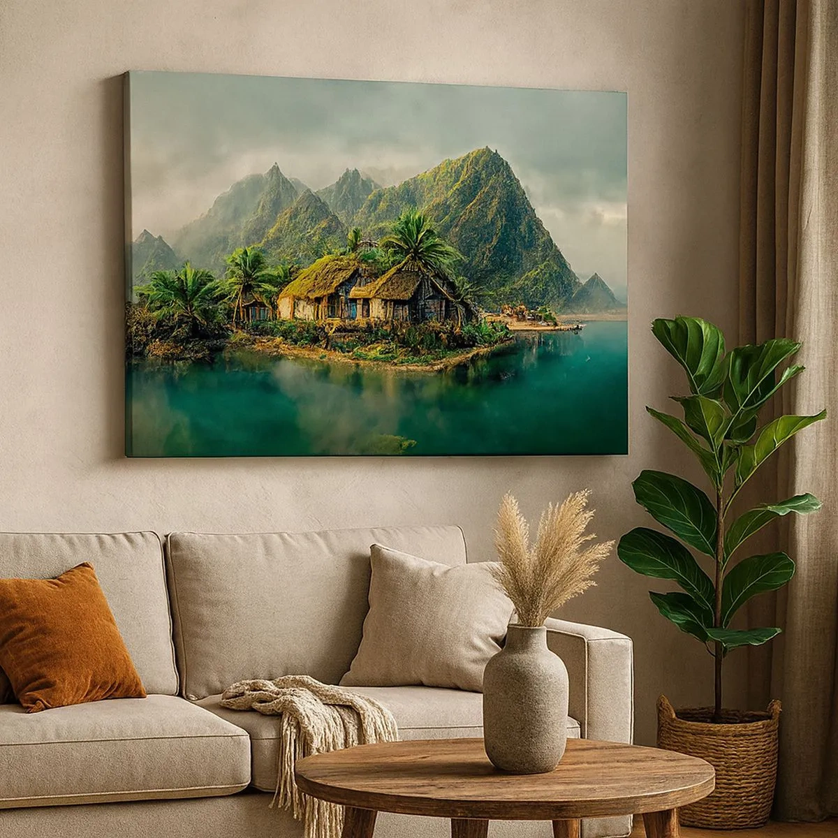 Bild auf Leinwand - Leinwandbild - Eine tropische Insel mit Palmen und Bergen im Hintergrund - 70x50cm - Tropisches Paradies - Moderne Wanddekoration für Wohnzimmer und Schlafzimmer ARTTOR