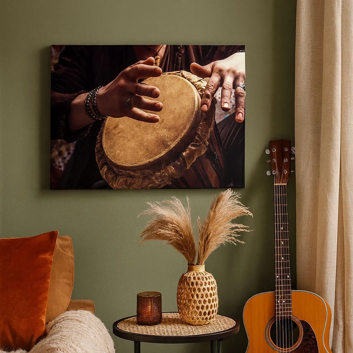 Bild auf Leinwand - Leinwandbild - Hände spielen eine traditionelle Djembe-Trommel - 70x50cm - Im Rhythmus des Herzens - Moderne Wanddekoration für Wohnzimmer und Schlafzimmer ARTTOR