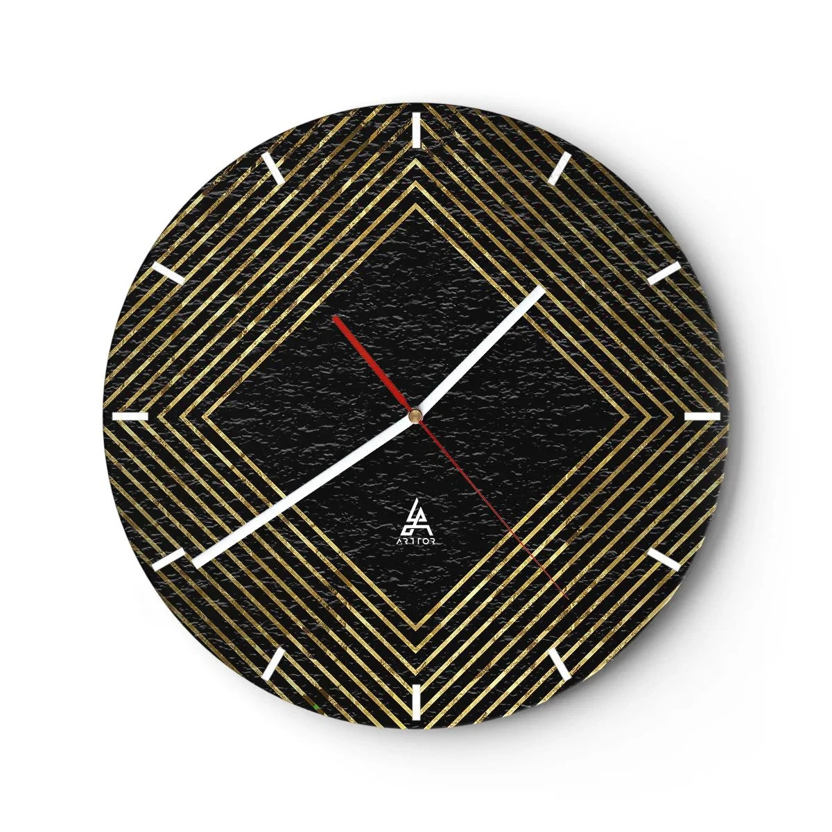 Wanduhr - Glasuhr - Goldene Linien bilden eine Raute auf schwarzem Hintergrund - 30x30cm - Geometrie im glamourösen Stil - Moderne Wanddekoration für Wohnzimmer, Küche und Schlafzimmer ARTTOR