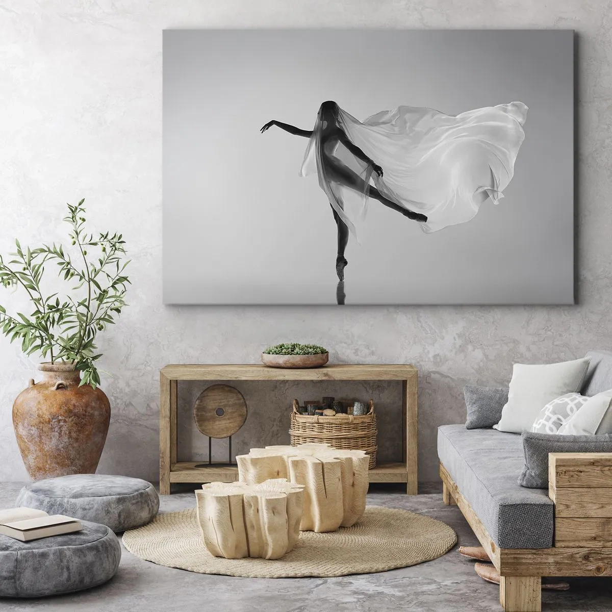 Bild auf Leinwand - Leinwandbild - Eine Tänzerin in ätherischer Pose mit fließendem Stoff - 70x50cm - Leichtigkeit und Anmut - Moderne Wanddekoration für Wohnzimmer und Schlafzimmer ARTTOR
