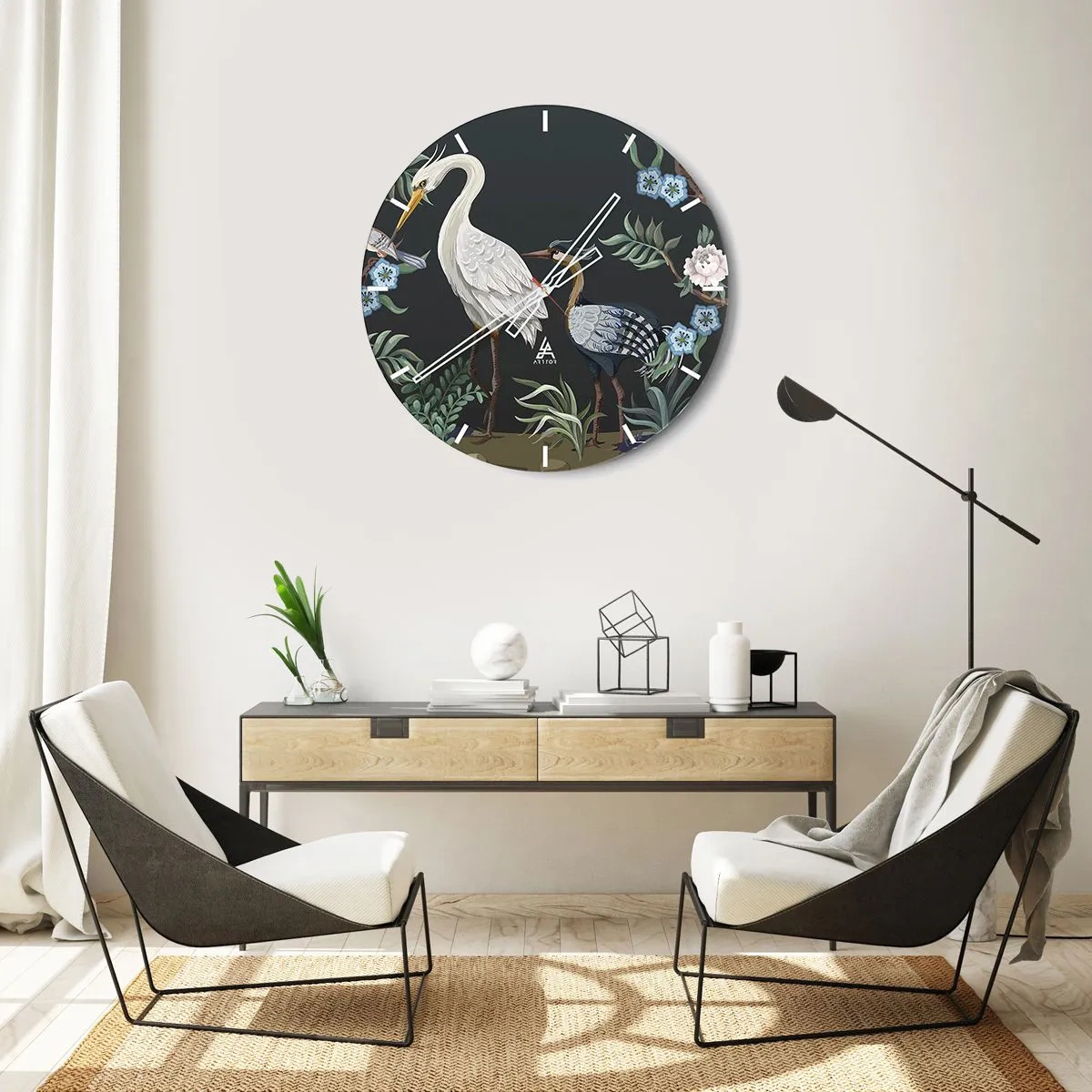 Wanduhr - Glasuhr - Dekorative Vögel zwischen Pflanzen auf dunklem Hintergrund - 30x30cm - Vogelparade - Moderne Wanddekoration für Wohnzimmer, Küche und Schlafzimmer ARTTOR