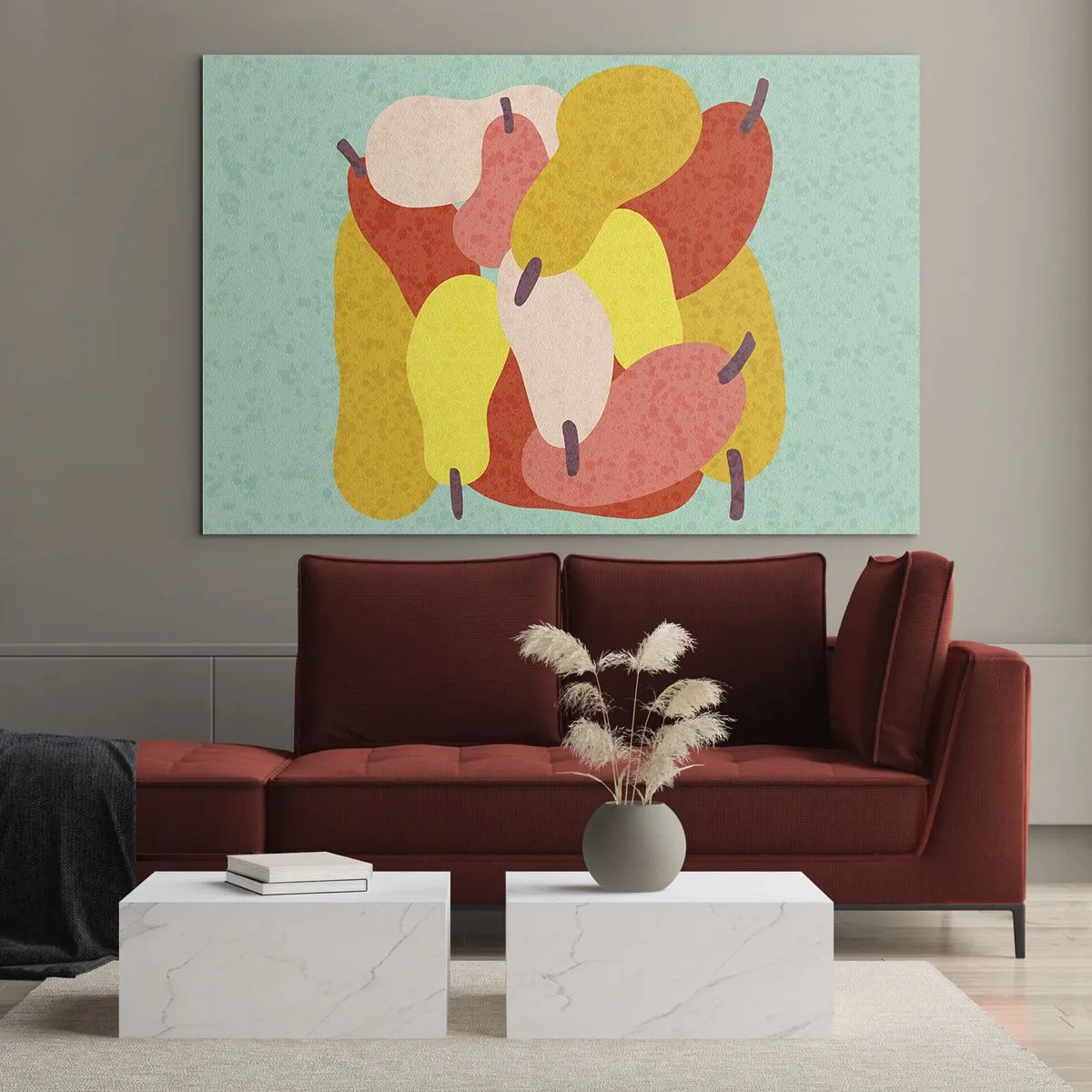 Glasbild - Bild auf glas - Bunte Birnen im grafischen Stil auf türkisfarbenem Hintergrund - 70x50cm - Probieren Sie die Sommersonne - Moderne Wanddekoration für Wohnzimmer und Schlafzimmer ARTTOR