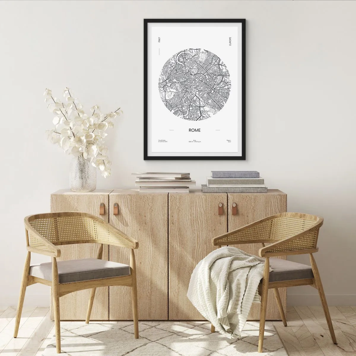 Poster in einem schwarzem Rahmen - Eine minimalistische Karte von Rom in Schwarzweiß. - 50x70cm - Anatomie von Rom - Moderne Wanddekoration für Wohnzimmer und Schlafzimmer ARTTOR
