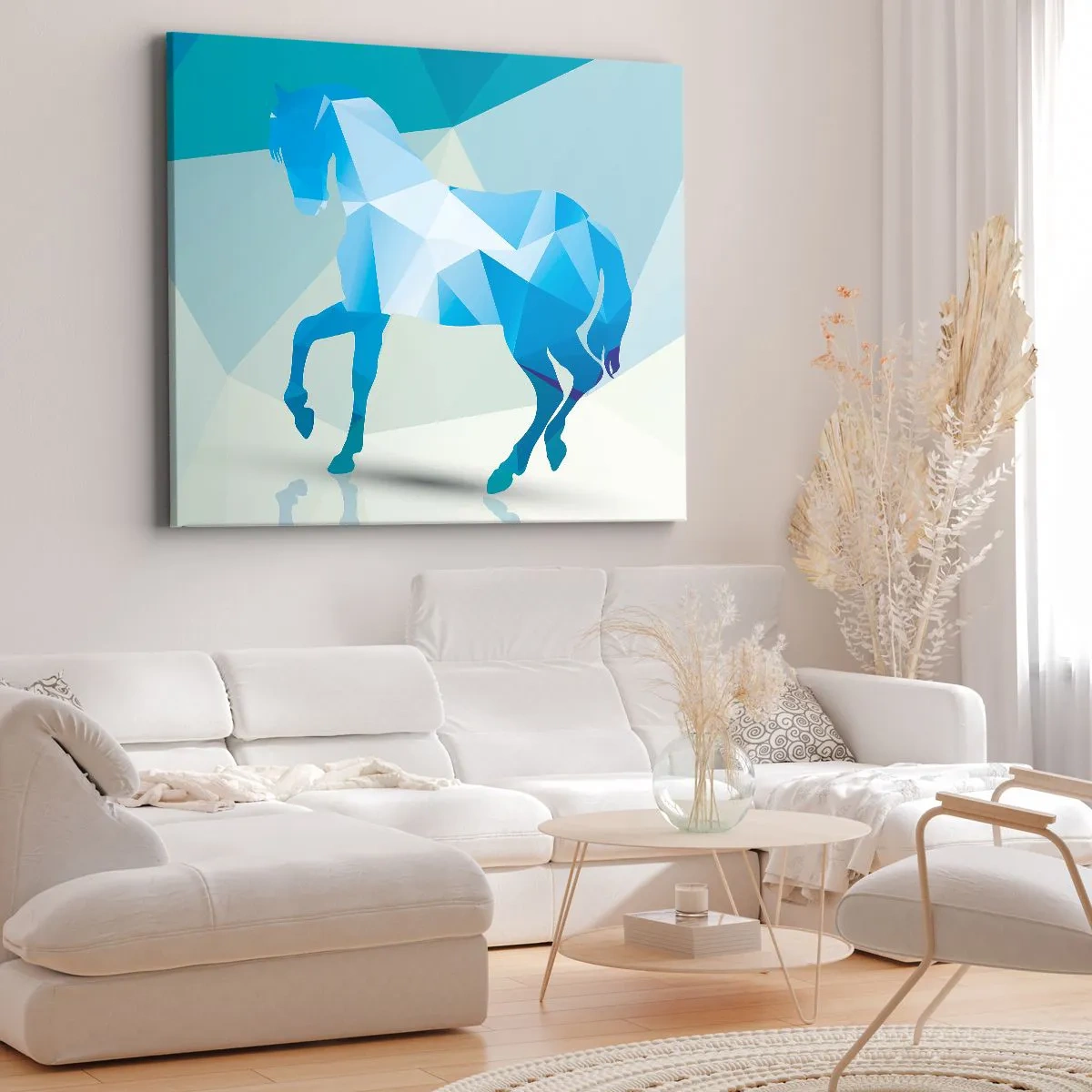 Bild auf Leinwand - Leinwandbild - Geometrische Silhouette eines Pferdes in Blautönen - 70x50cm - Geometrisches Pferd in Türkis - Moderne Wanddekoration für Wohnzimmer und Schlafzimmer ARTTOR