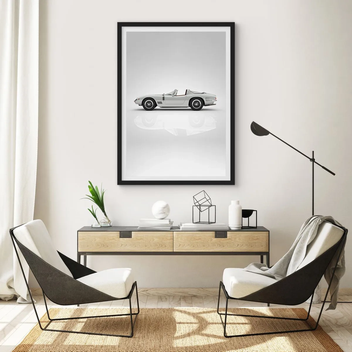 Poster in einem schwarzem Rahmen - Klassisches weißes Cabrio auf neutralem Hintergrund - 50x70cm - Spaß versprochen - Moderne Wanddekoration für Wohnzimmer und Schlafzimmer ARTTOR