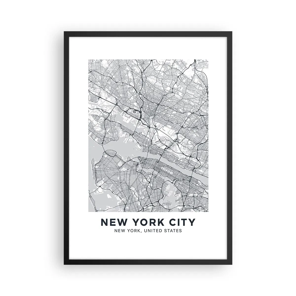 Poster in einem schwarzem Rahmen - Eine minimalistische Karte von New York City - 50x70cm - Die Anatomie einer Metropole - Moderne Wanddekoration für Wohnzimmer und Schlafzimmer ARTTOR