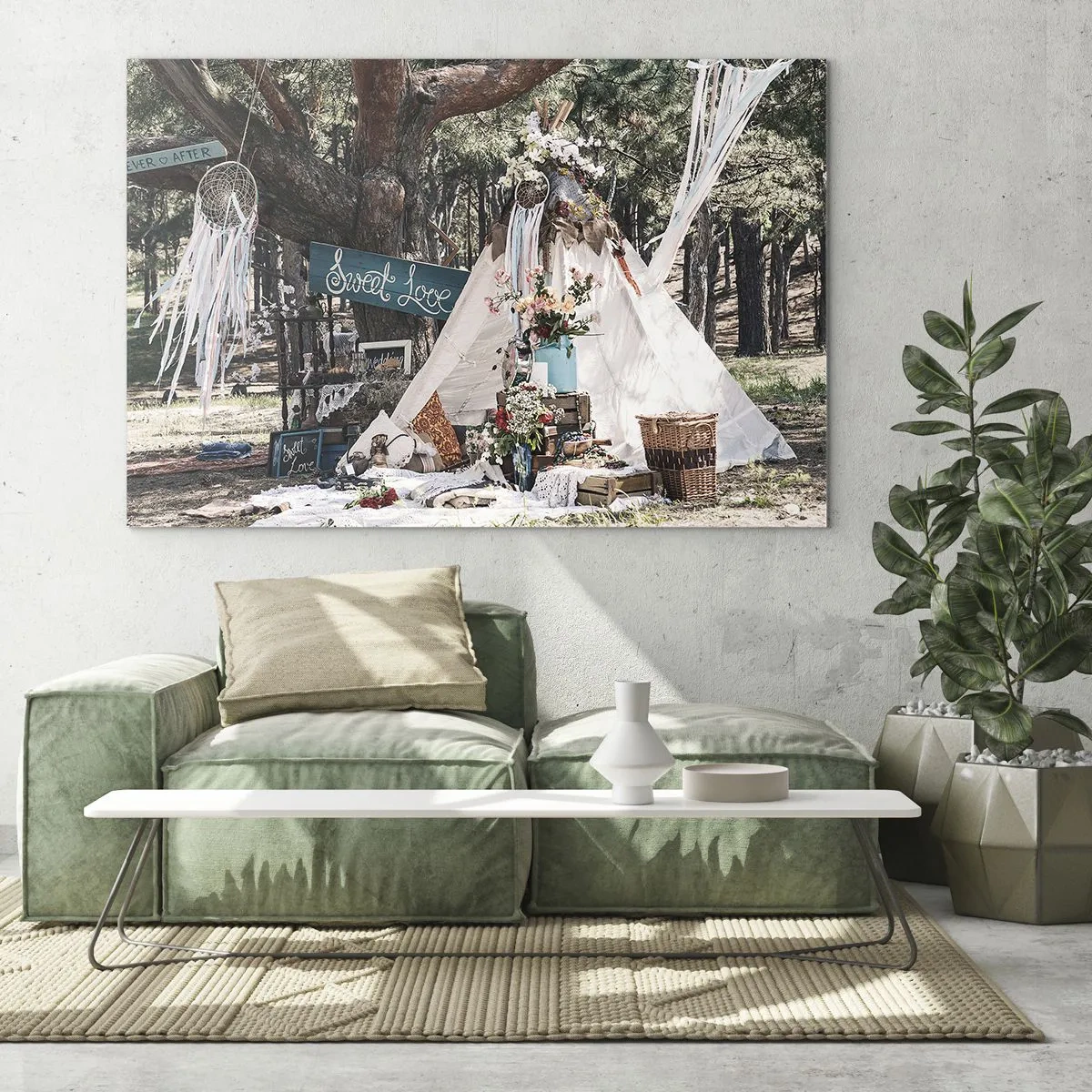 Glasbild - Bild auf glas - Boho Outdoor-Dekoration mit Tipi und Blumen im Wald - 70x50cm - Liebe machen ... - Moderne Wanddekoration für Wohnzimmer und Schlafzimmer ARTTOR