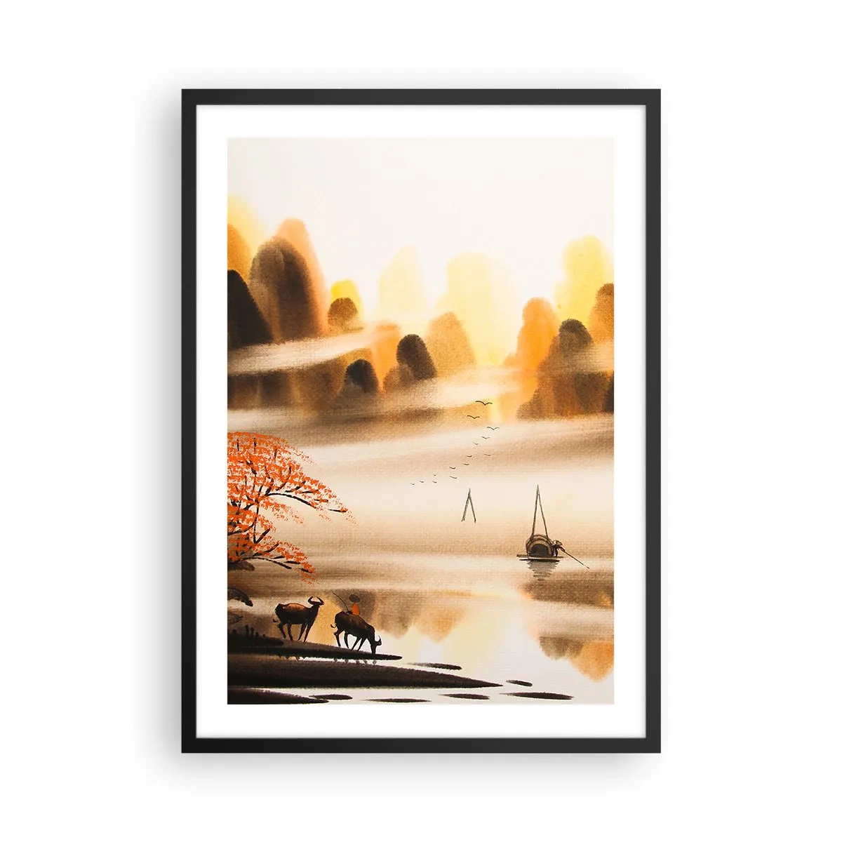 Poster in einem schwarzem Rahmen - Orientalische Berglandschaft im Nebel mit Boot und Tieren - 50x70cm - Weiter als im Fernosten - Moderne Wanddekoration für Wohnzimmer und Schlafzimmer ARTTOR