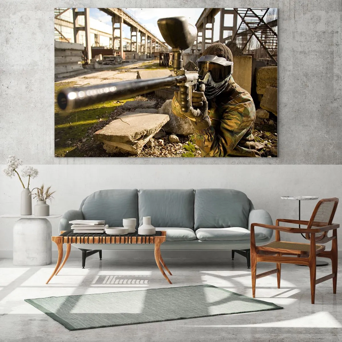 Glasbild - Bild auf glas - Paintball-Spieler in Aktion in einer industriellen Umgebung - 70x50cm - Auch du kannst ein Held werden - Moderne Wanddekoration für Wohnzimmer und Schlafzimmer ARTTOR