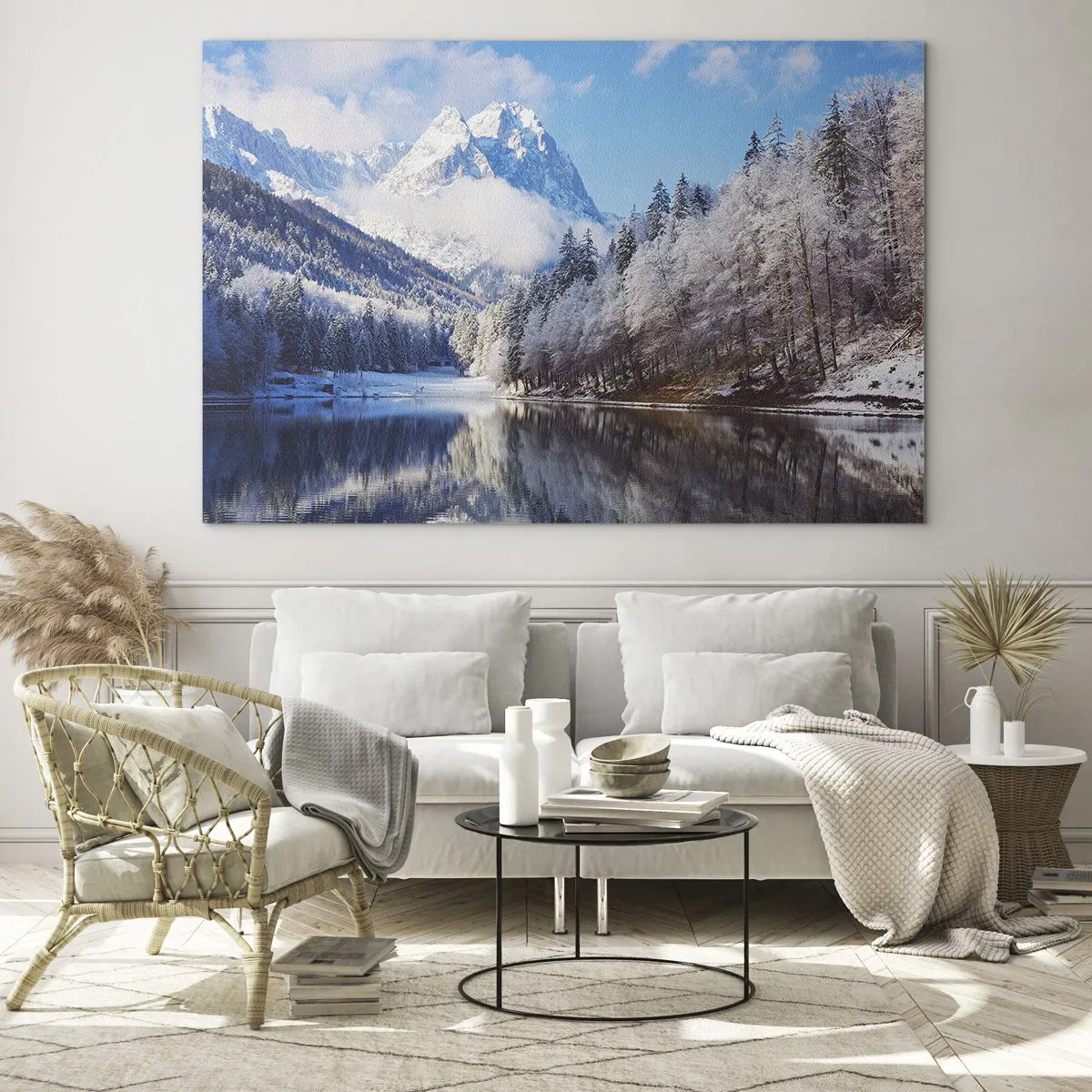 Glasbild - Bild auf glas - Winterlandschaft mit Bergen und einem zugefrorenen See - 70x50cm - Schneefang - Moderne Wanddekoration für Wohnzimmer und Schlafzimmer ARTTOR