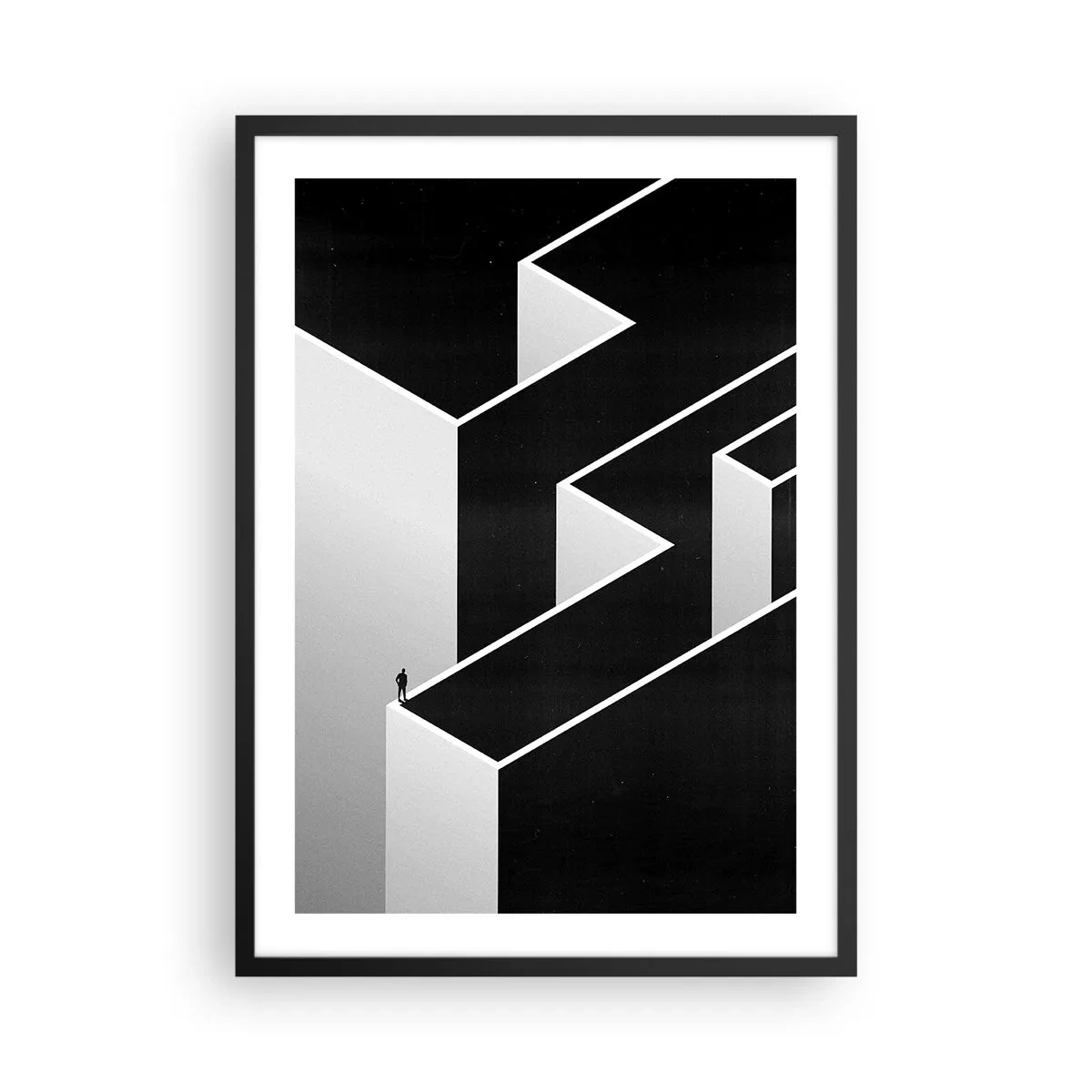 Poster in einem schwarzem Rahmen - Ein minimalistisches Labyrinth in Schwarz und Weiß - 50x70cm - Einsamkeit an der Spitze - Moderne Wanddekoration für Wohnzimmer und Schlafzimmer ARTTOR