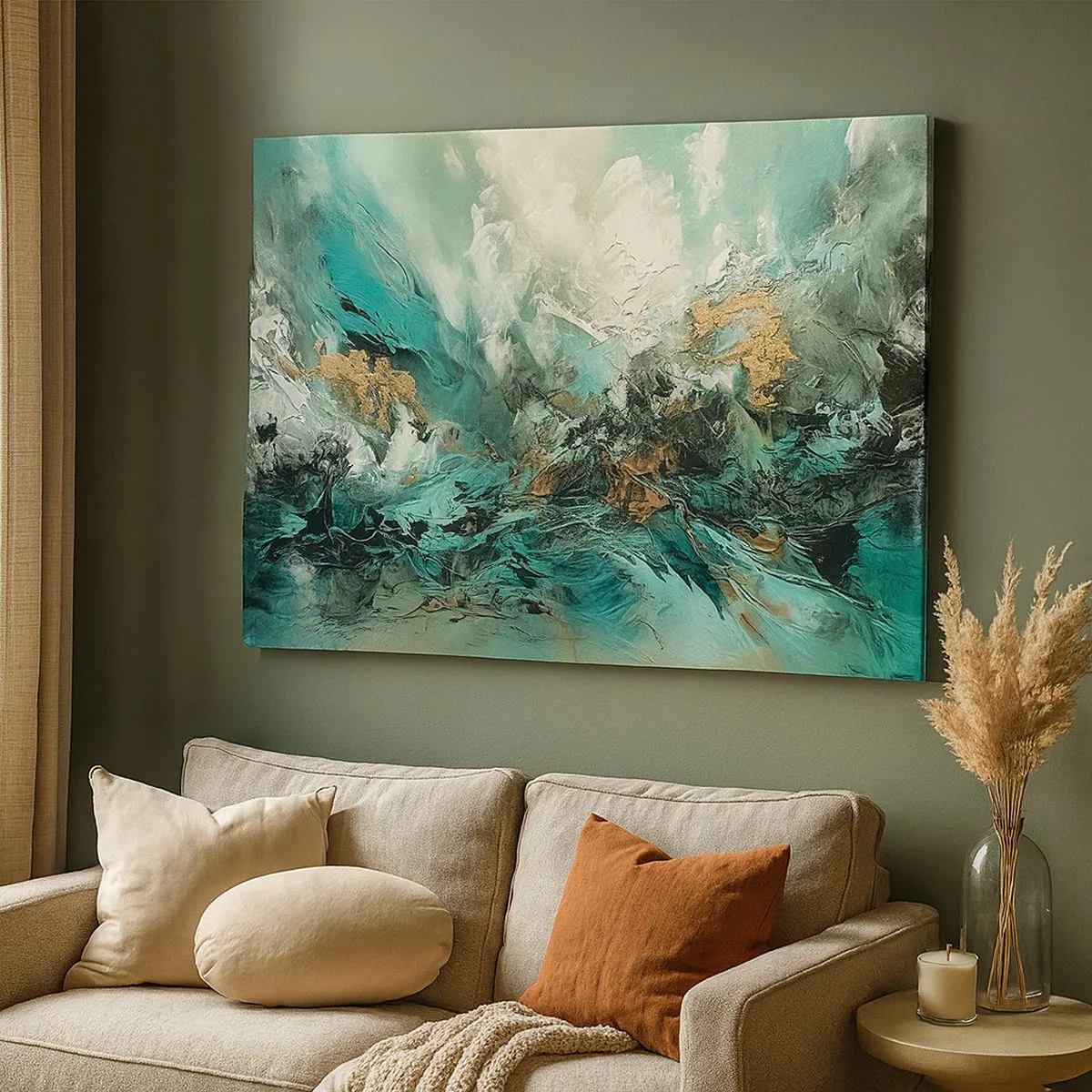 Bild auf Leinwand - Leinwandbild - Abstrakte Landschaft in Grün- und Goldtönen - 70x50cm - Smaragdgrüne und schwarze Brandung - Moderne Wanddekoration für Wohnzimmer und Schlafzimmer ARTTOR