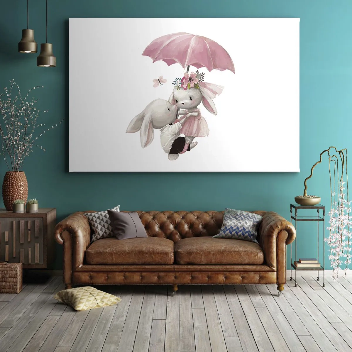 Bild auf Leinwand - Leinwandbild - Süße Häschen unter einem rosa Regenschirm - 70x50cm - Das ist eben Liebe - Moderne Wanddekoration für Wohnzimmer und Schlafzimmer ARTTOR