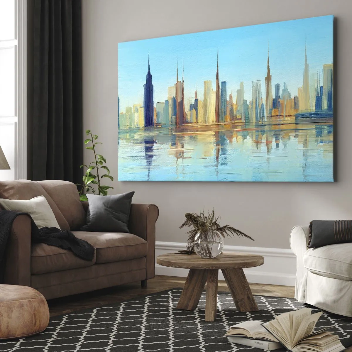 Bild auf Leinwand - Leinwandbild - Ein Panorama der Stadt in warmen Farben mit Spiegelung im Wasser - 70x50cm - Sonnige Metropole - Moderne Wanddekoration für Wohnzimmer und Schlafzimmer ARTTOR