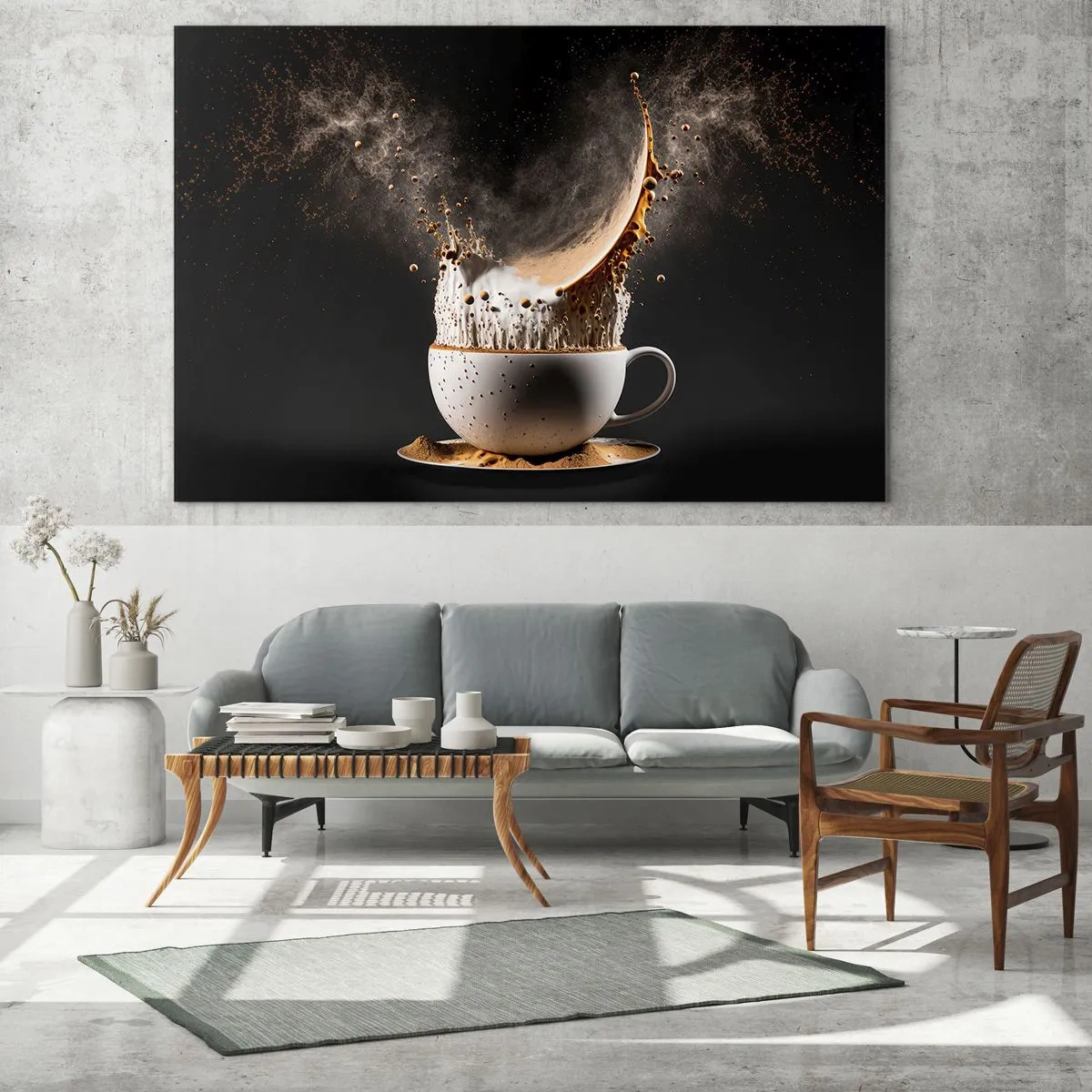 Glasbild - Bild auf glas - Kaffee mit Milch in einer dynamischen Aufnahme spritzen - 70x50cm - Geschmacksexplosion - Moderne Wanddekoration für Wohnzimmer und Schlafzimmer ARTTOR