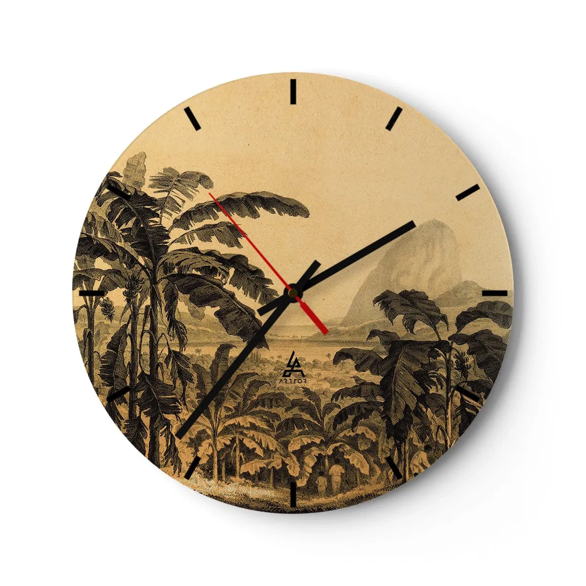 Wanduhr - Glasuhr - Bananen und eine tropische Retro-Landschaft - 30x30cm - in einem kolonialen Klima - Moderne Wanddekoration für Wohnzimmer, Küche und Schlafzimmer ARTTOR